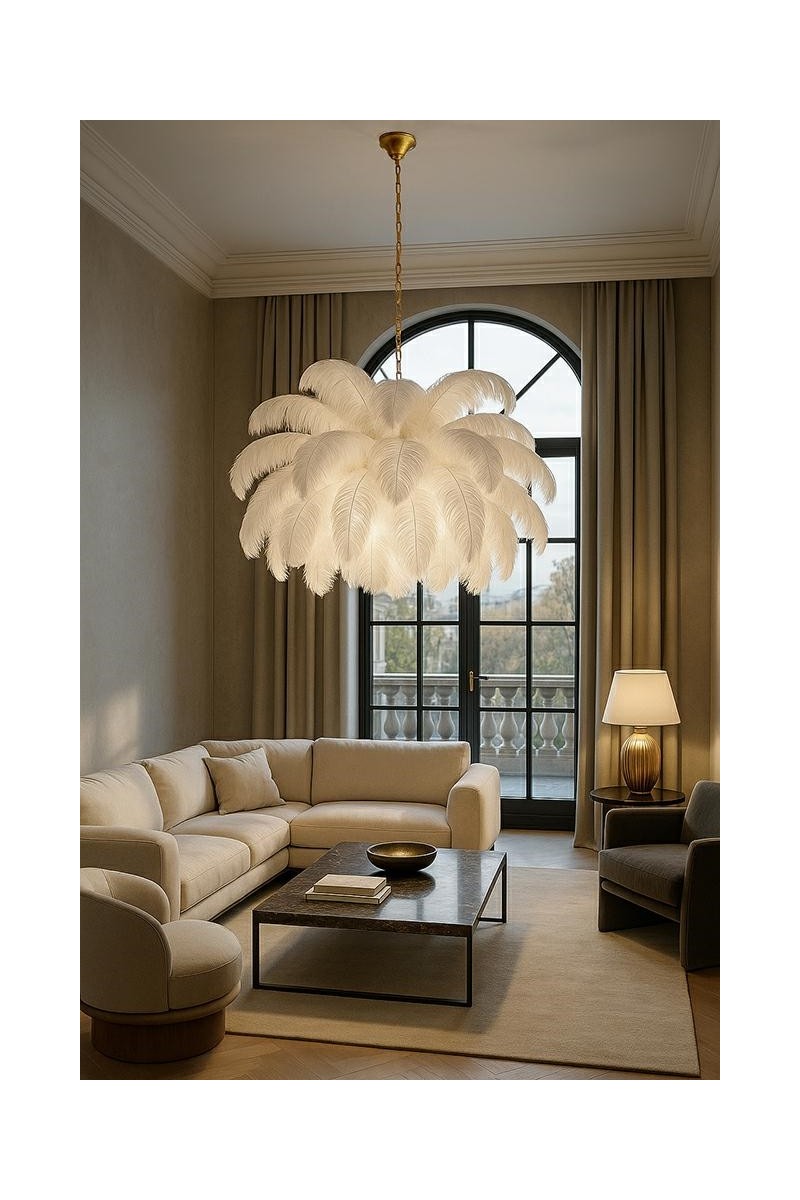 MOOSEE lampa wisząca TIFFANY 135 biała    mosiądz / naturalne pióra