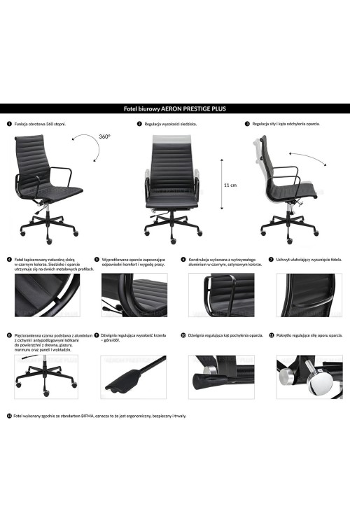 Fotel biurowy AERON PRESTIGE PLUS czarny - skóra naturalna, aluminium