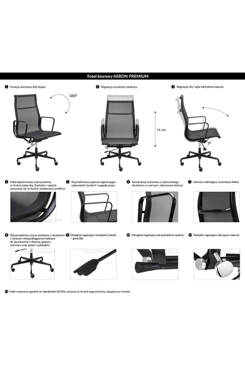 Fotel biurowy AERON PREMIUM czarny - siatka, aluminium