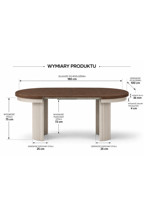 Okrągły stół rozkładany MODO Premium Ø100 - 180 cm ryflowana podstawa kaszmir okapi