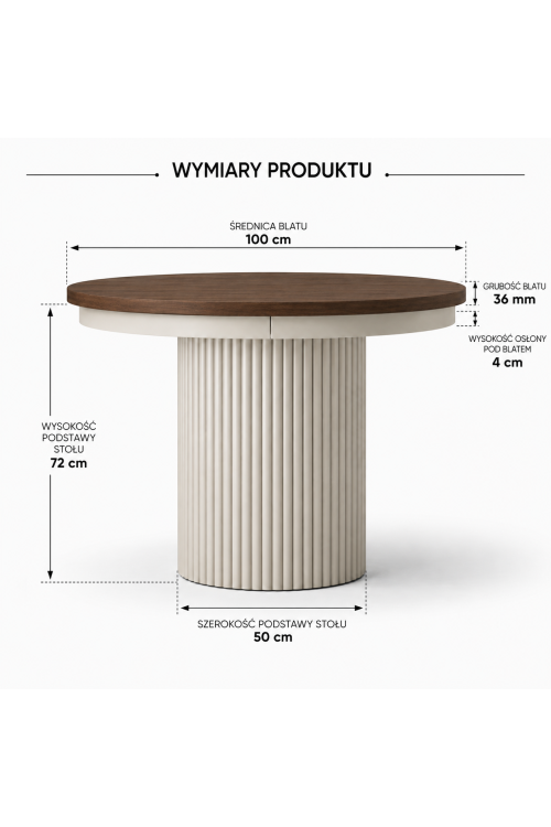 Okrągły stół rozkładany MODO Premium Ø100 - 180 cm ryflowana podstawa kaszmir okapi